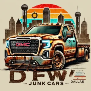 DFW Junk Cars logo with a rusty GMC tow truck and the Dallas skyline