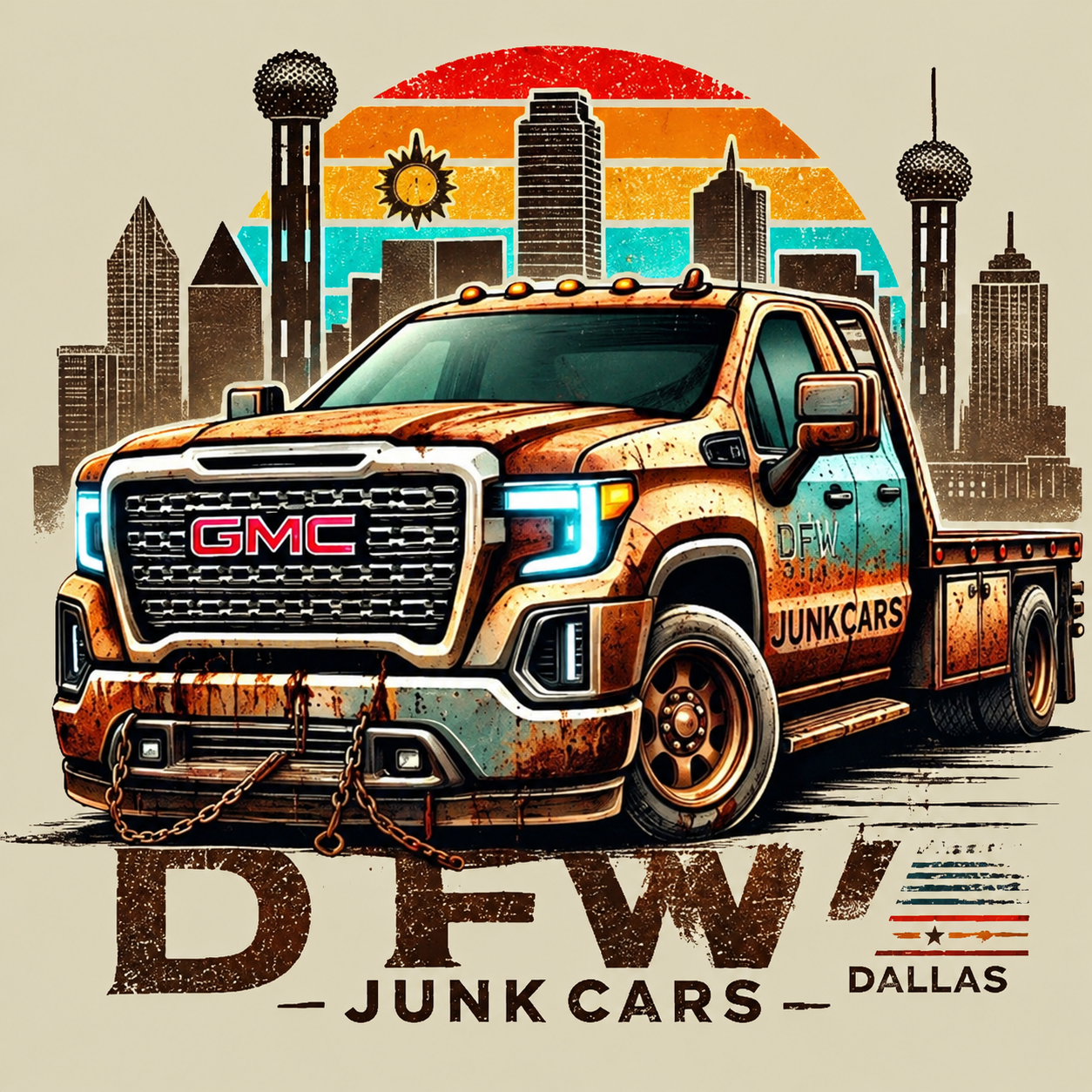 DFW Junk Cars logo with a rusty GMC tow truck and the Dallas skyline