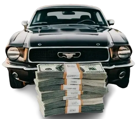 Black Ford Mustang with stacks of cash, trusted junk car buyers in Dallas